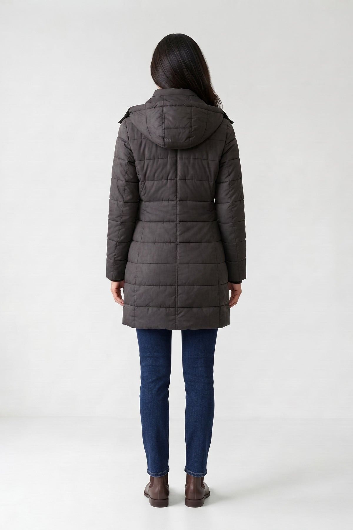 Women's Longline Puffer Coat | Hooded — Black — back view — on model