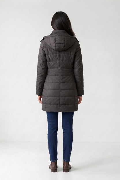 Women's Longline Puffer Coat | Hooded — Black — back view — on model