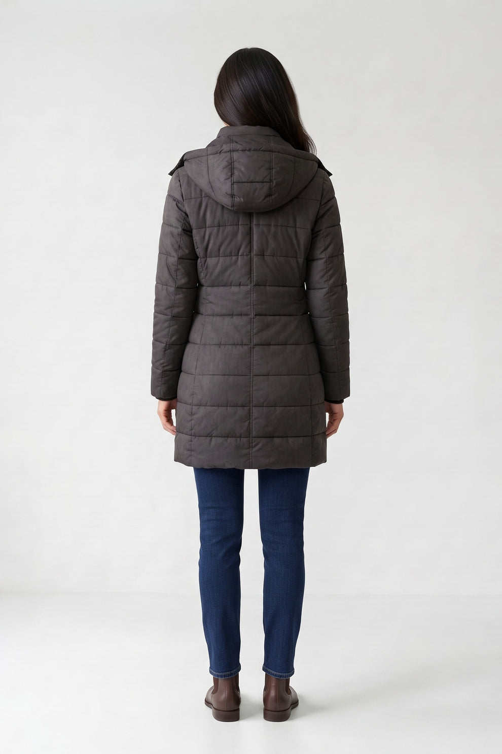 Women's Longline Puffer Coat | Hooded — Black — back view — on model
