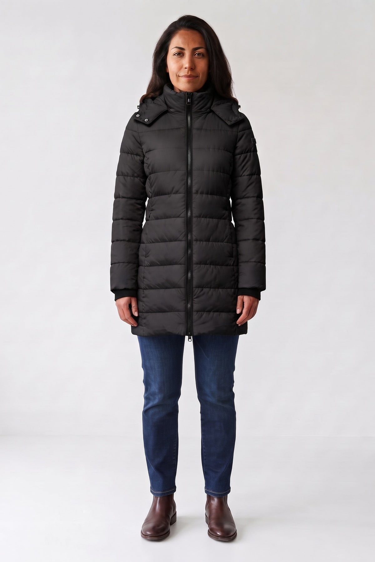 Women's Longline Puffer Coat | Hooded — Black — front view — on model
