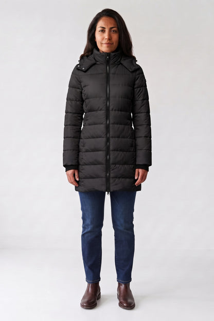 Women's Longline Puffer Coat | Hooded — Black — front view — on model