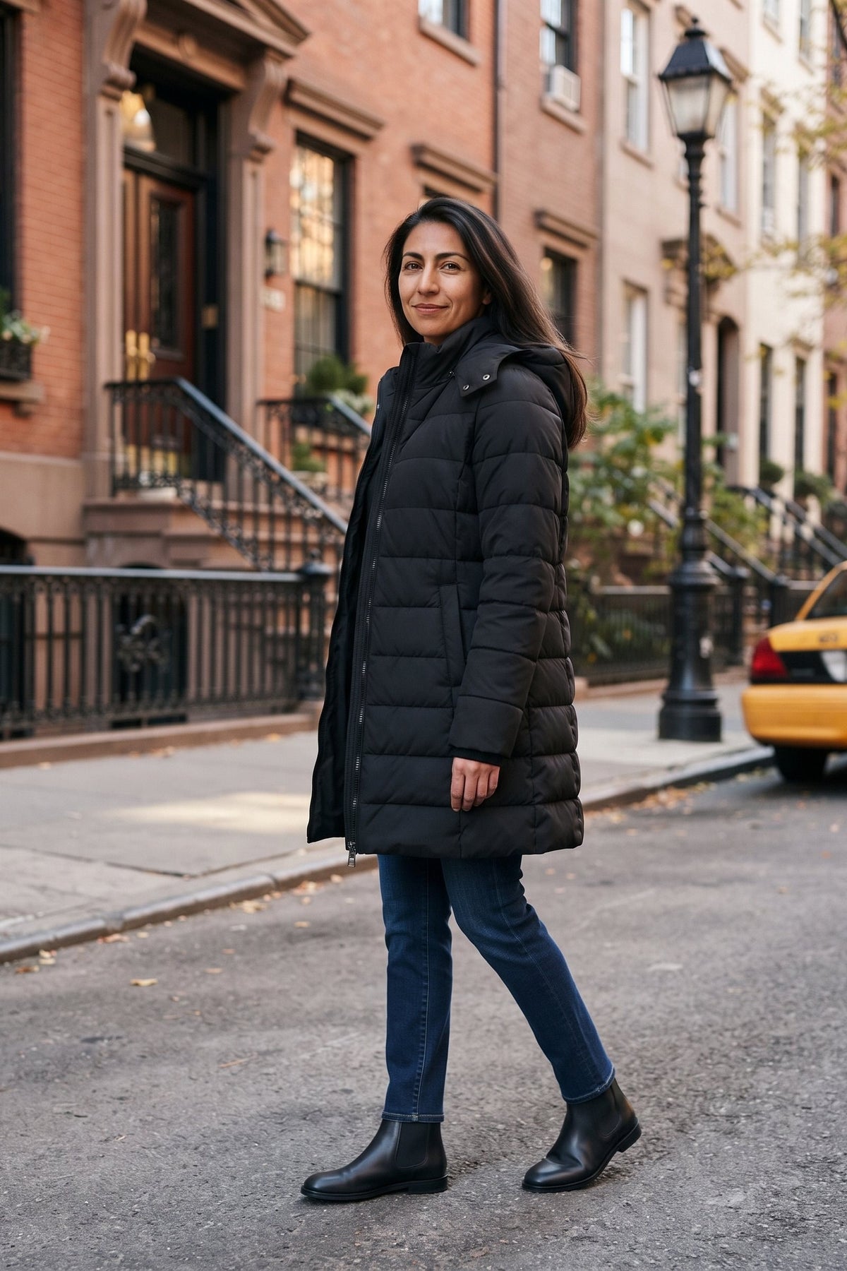 Women's Longline Puffer Coat | Hooded — Black — lifestyle — on model