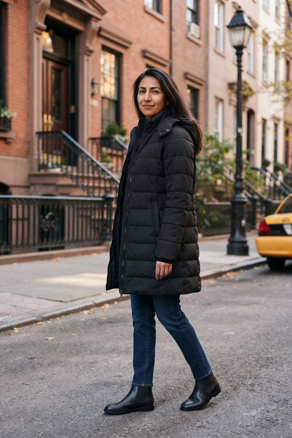 Women's Longline Puffer Coat | Hooded — Black — lifestyle — on model