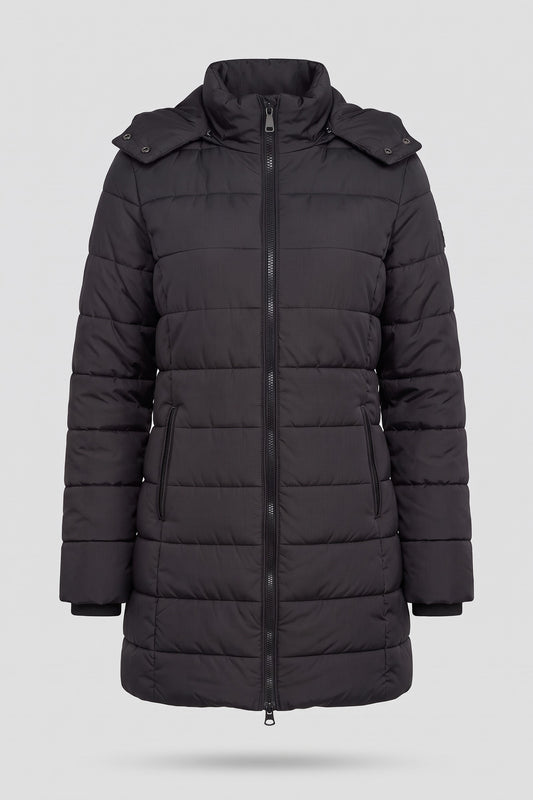 Women's Longline Puffer Coat | Hooded — Black — packshot