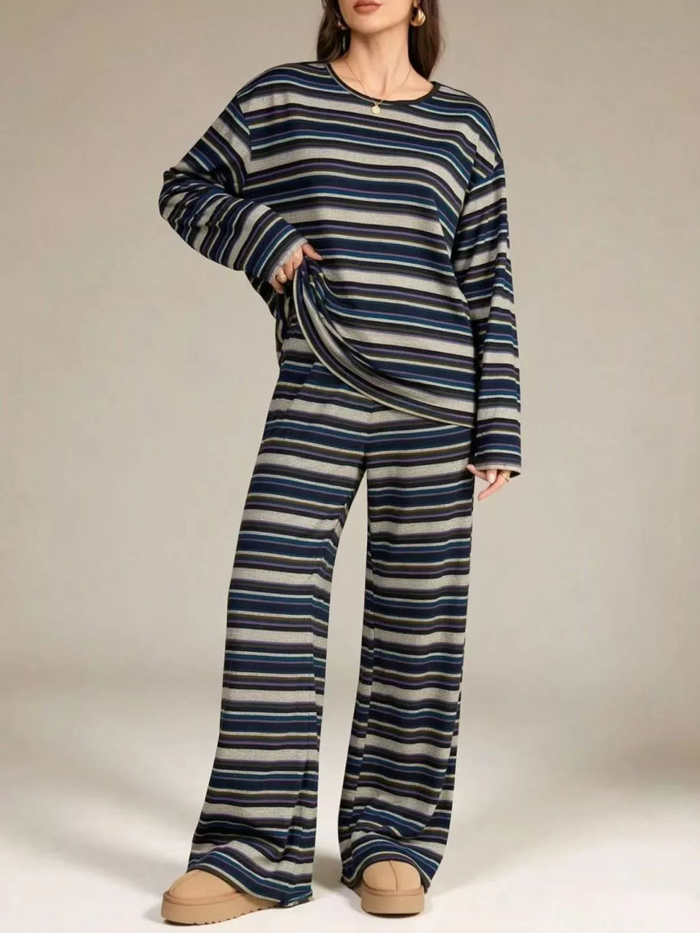Blue stripe lounge set with long sleeve top and wide leg pull on pants