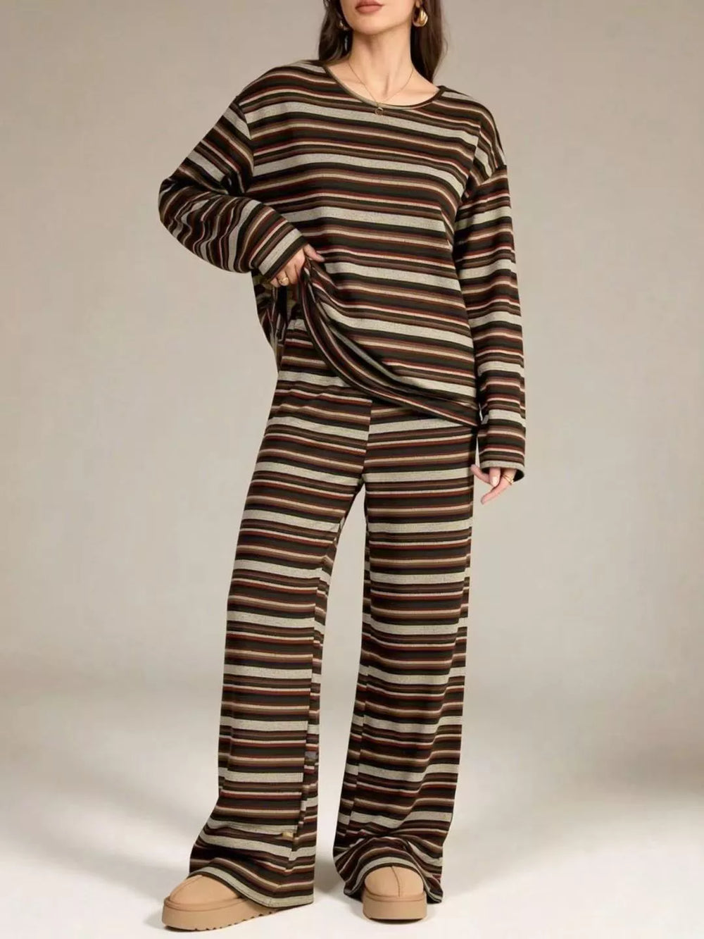Brown stripe long sleeve top and wide leg pull on pants, front view with slippers