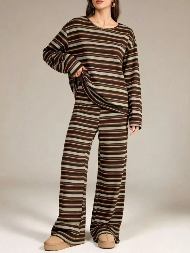 Brown stripe long sleeve top and wide leg pull on pants, front view with slippers