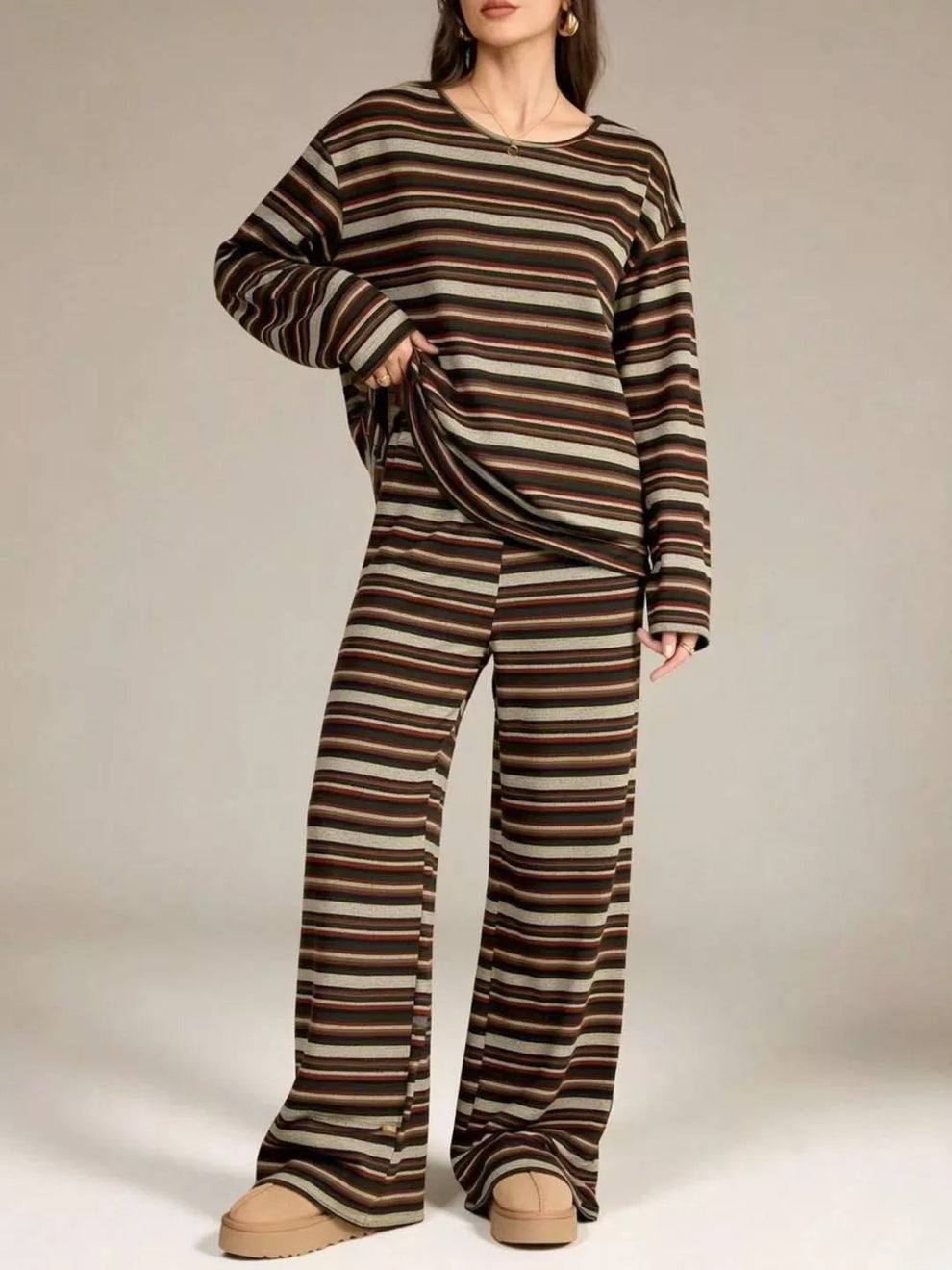 Brown stripe long sleeve top and wide leg pull on pants, front view with slippers