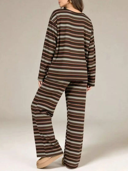Brown striped lounge set seen from the side, relaxed top and straight pants