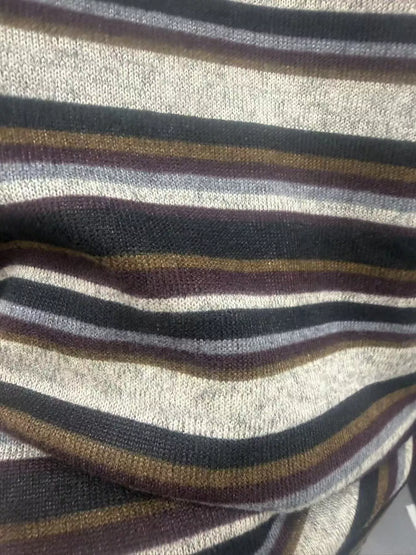 Close-up of the striped knit fabric in gray, brown, navy and cream