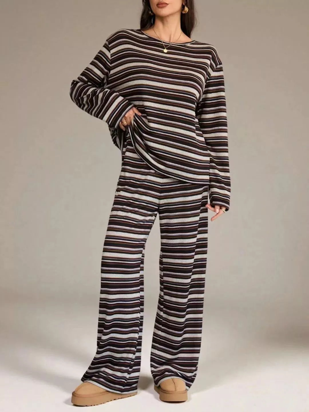 Plum stripe lounge set with long sleeve top and wide leg pull on pants