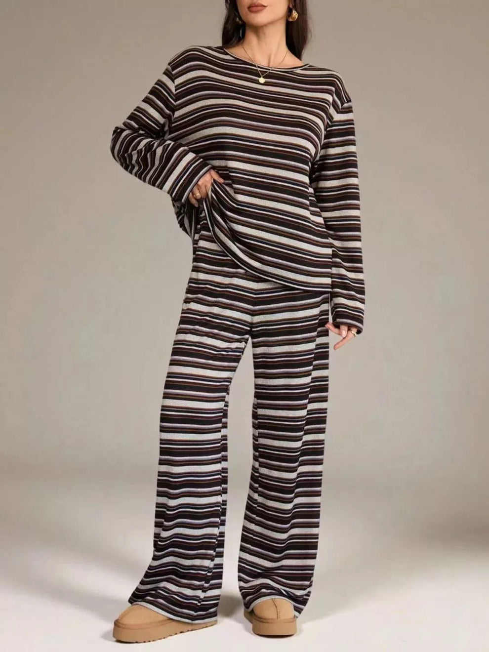 Plum stripe lounge set with long sleeve top and wide leg pull on pants