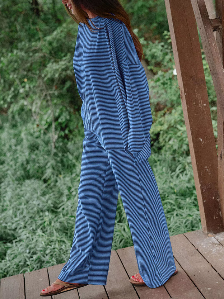 Side view of the blue lounge set with wide leg pants
