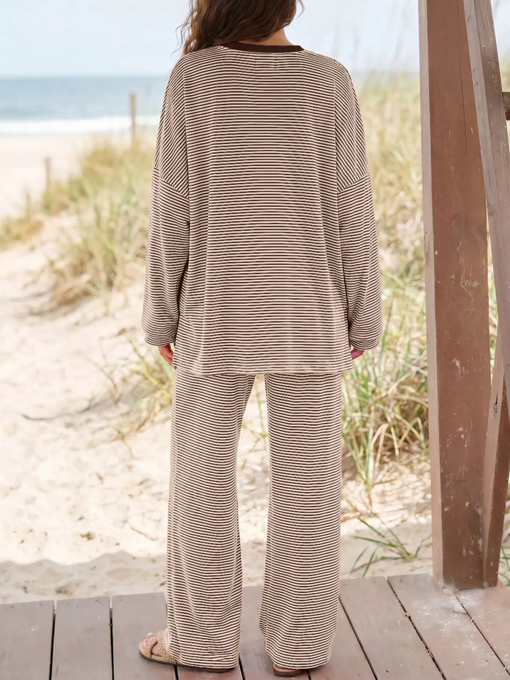Back view of the mocha oversized top and wide leg pants