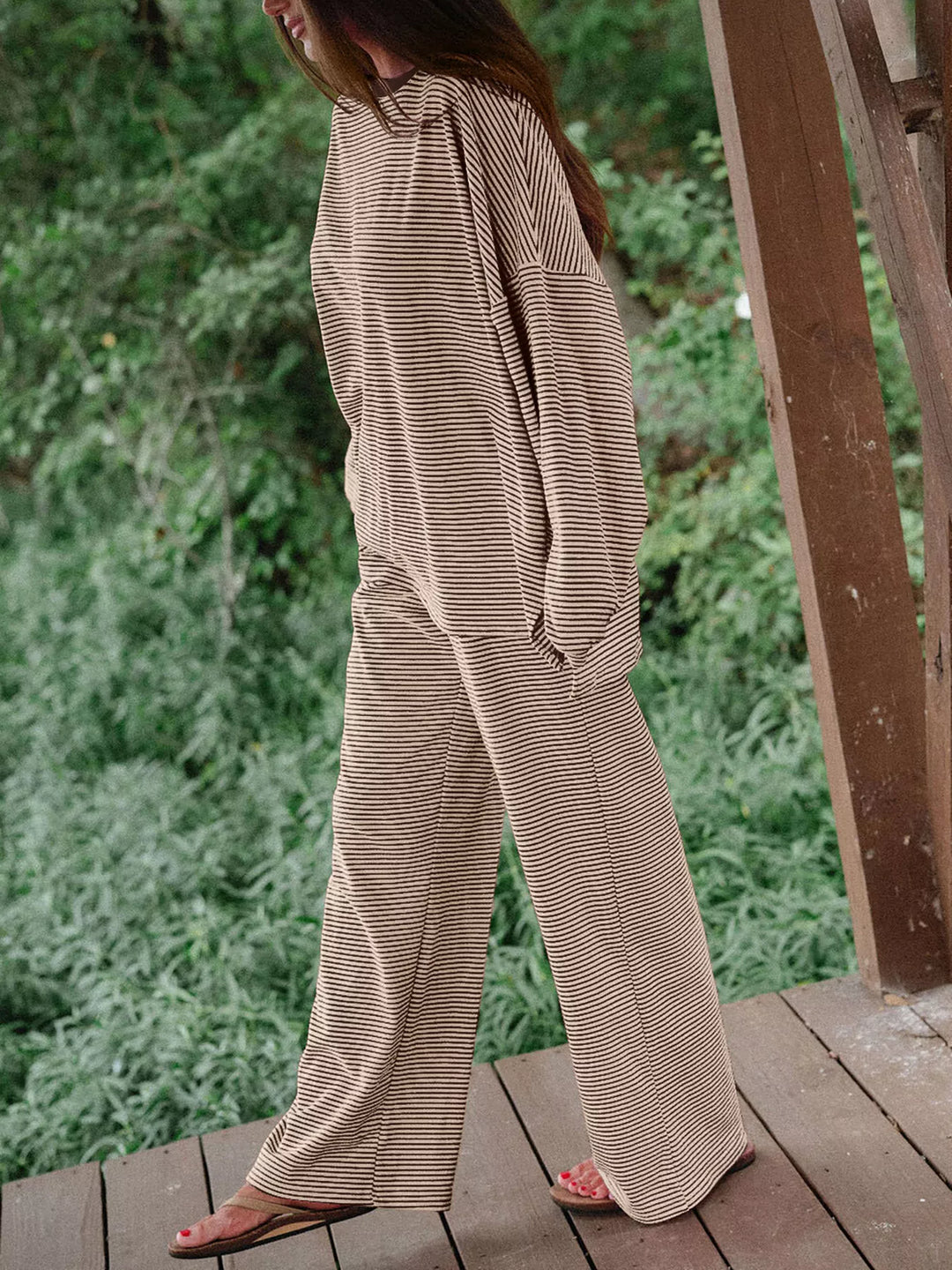 Side view of the mocha lounge set with wide leg pants