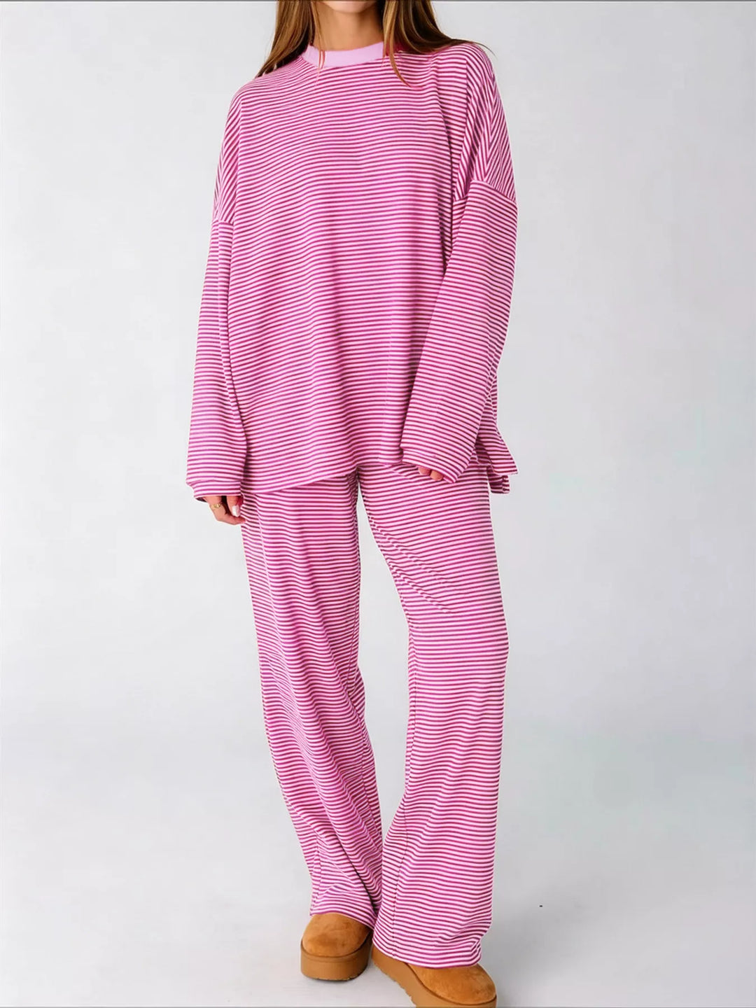 Women's lounge set in pink, oversized side slit top and wide leg pants