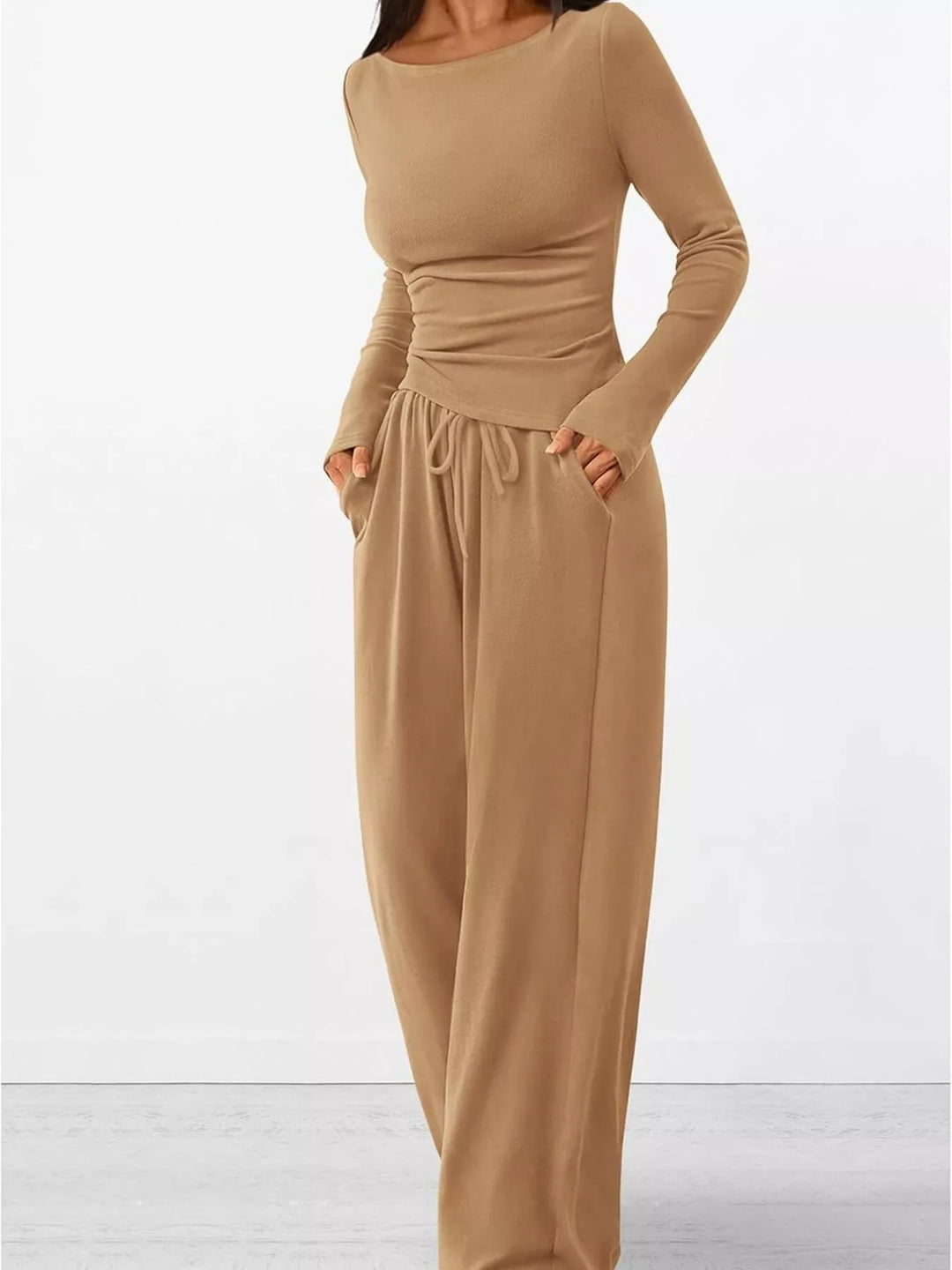 Camel ribbed top with drawstring wide leg pants, hand in pocket