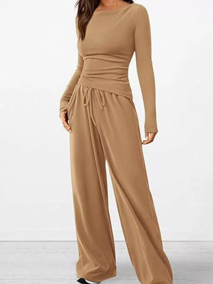 Camel ribbed knit ruched top and wide leg pants lounge set, front view