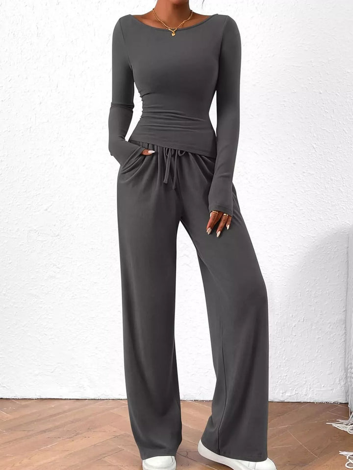 Charcoal ribbed knit set with drawstring waist pants, standing front view