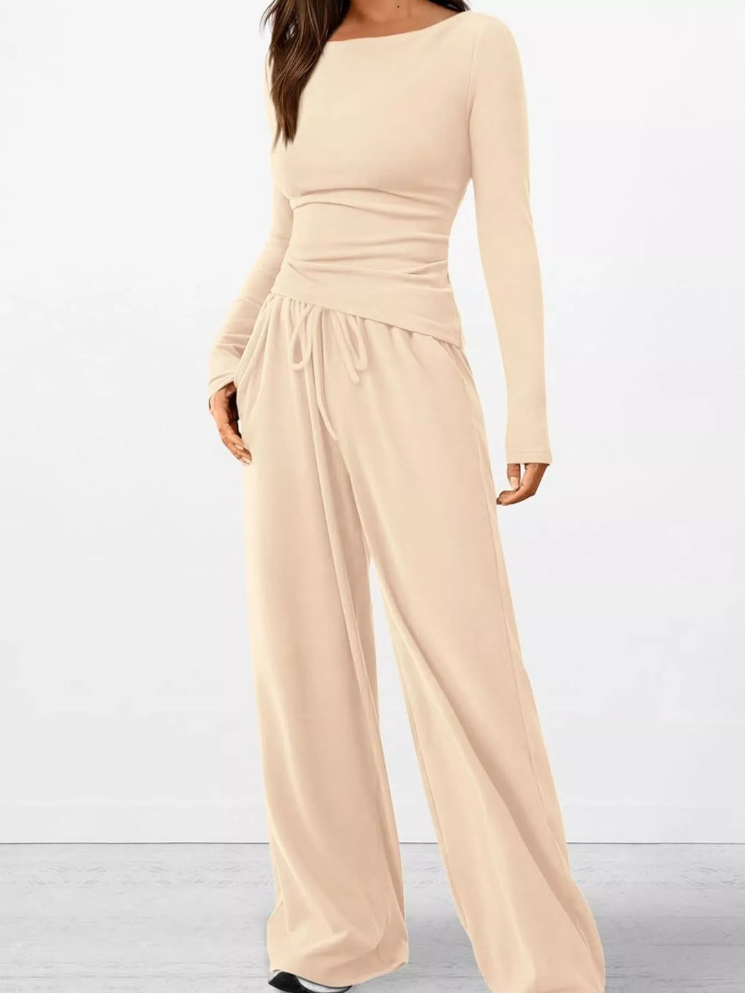 Cream ribbed knit ruched top and wide leg pants set, front view