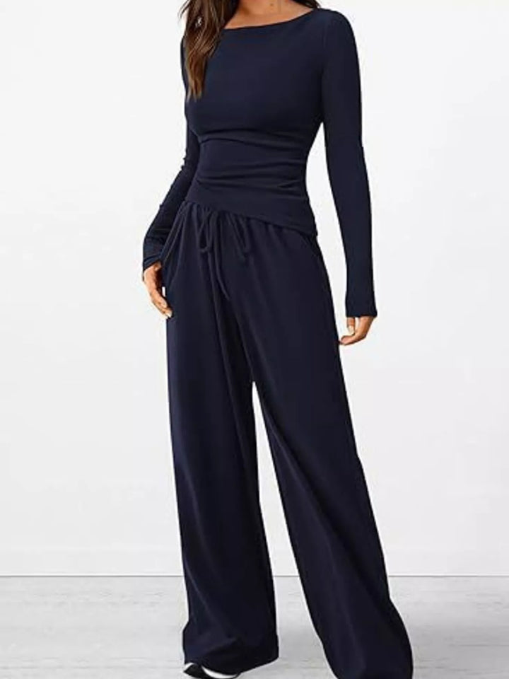 Navy ribbed knit ruched top and wide leg pants lounge set, standing front view