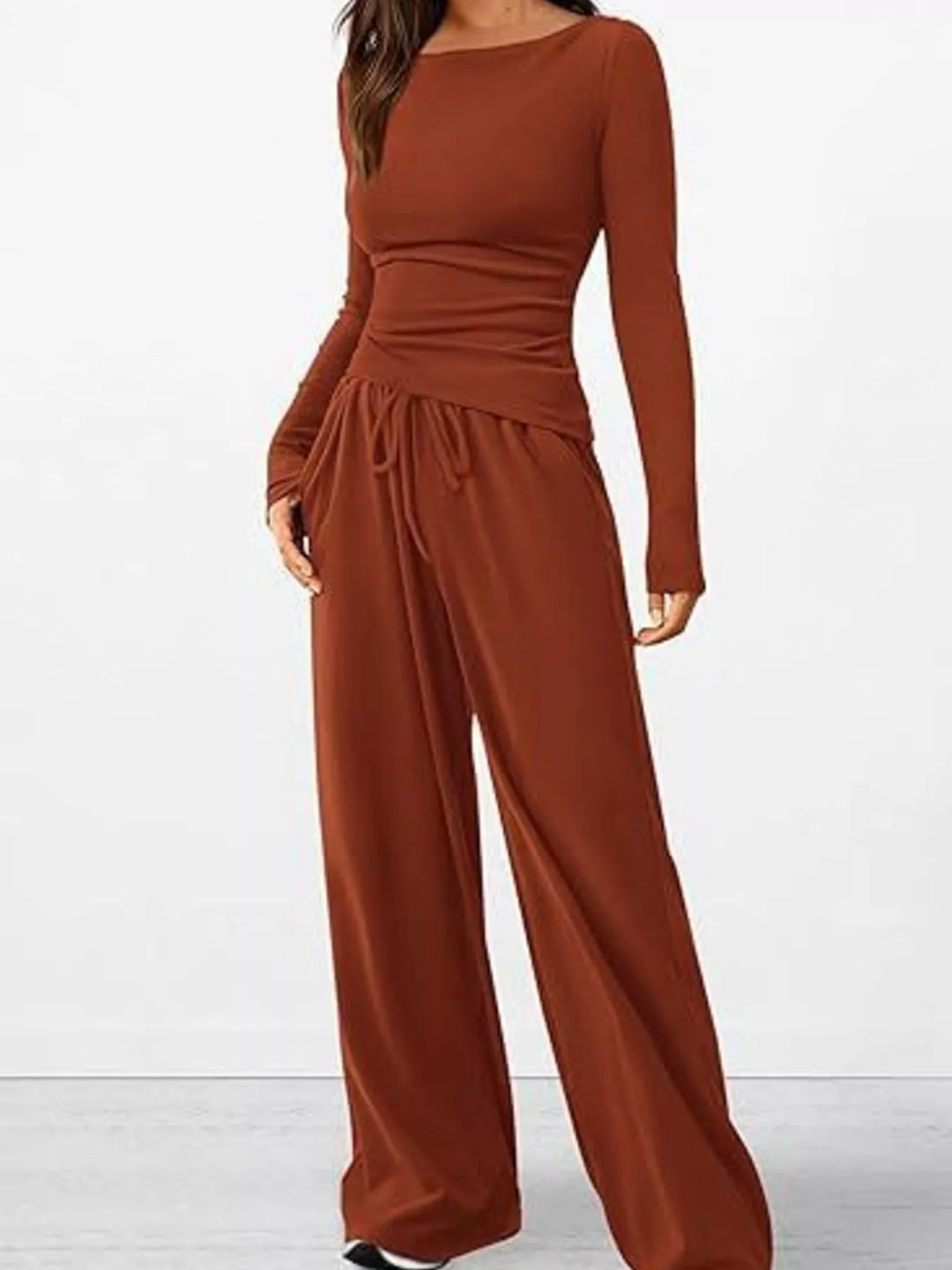 Rust ribbed top and drawstring wide leg pants, front view with hand in pocket