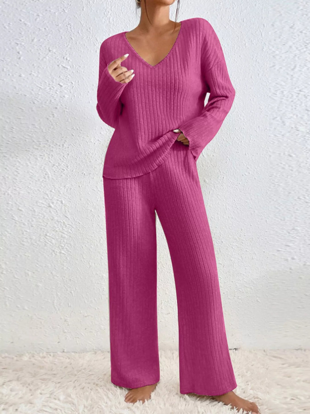 Fuchsia v neck ribbed top and wide leg pants, hand raised
