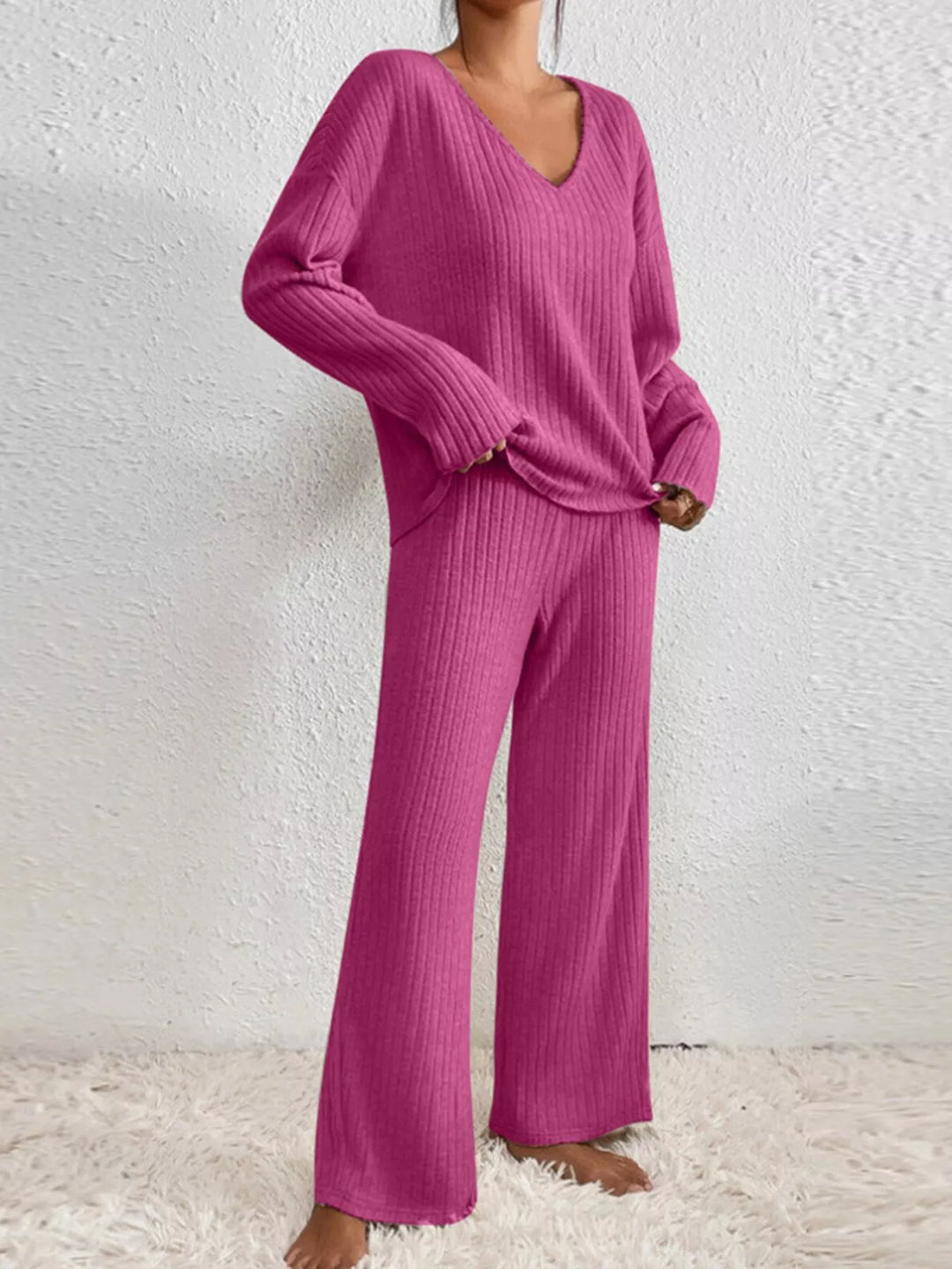 Women's lounge set in fuchsia, ribbed knit v neck top with wide leg pants