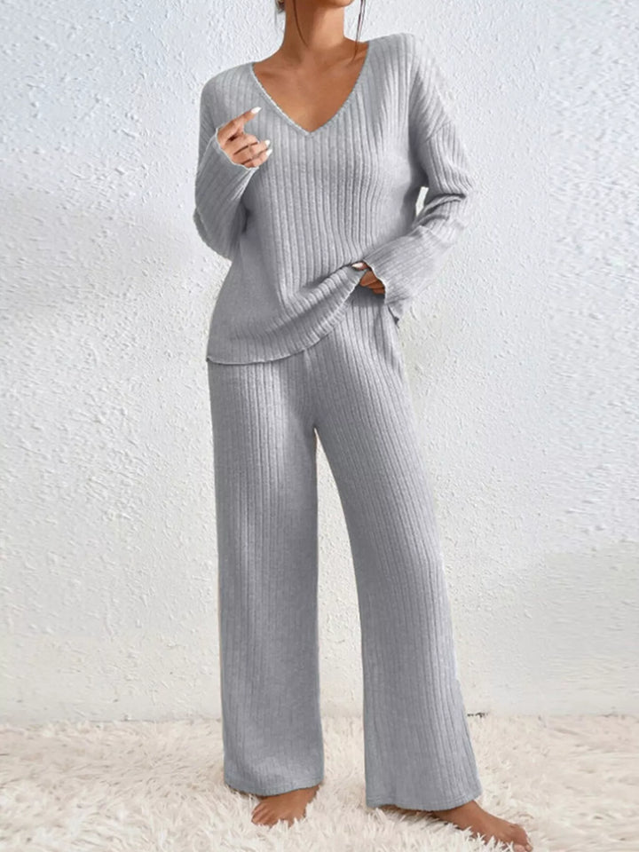 Gray ribbed knit v neck lounge set with wide leg pants