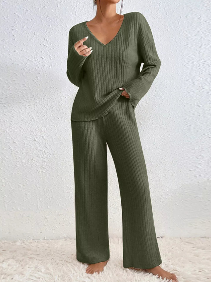 Olive ribbed knit lounge set with v neck top and wide leg pants