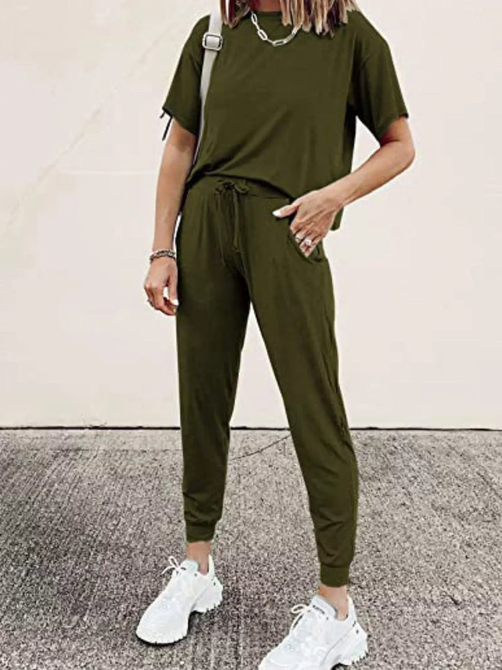 Army green lounge set with short sleeve tee and elastic cuff jogger pants