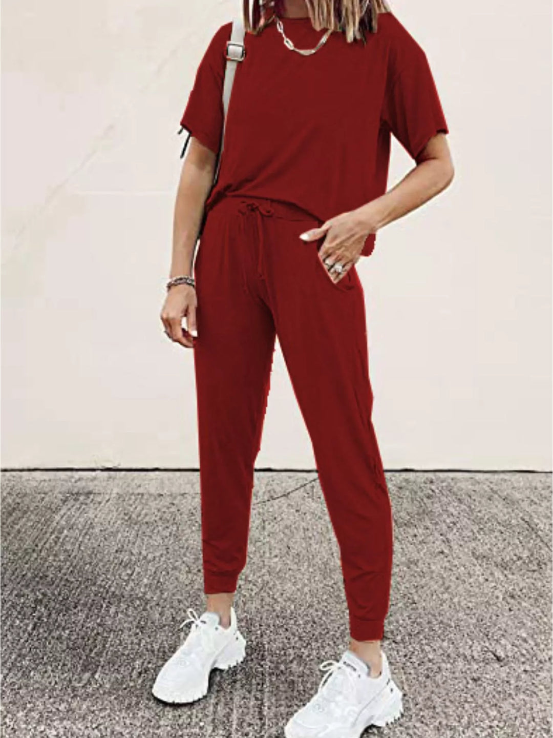 Burgundy lounge set with short sleeve tee and cuffed jogger pants