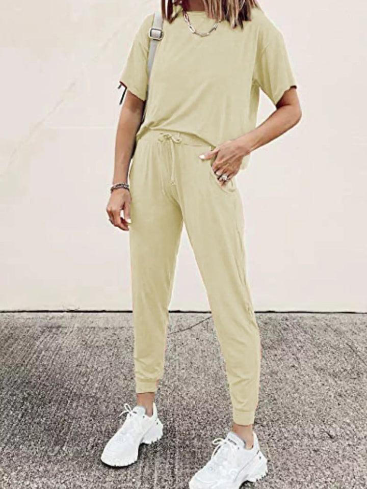 Butter yellow lounge set, short sleeve tee with drawstring jogger pants