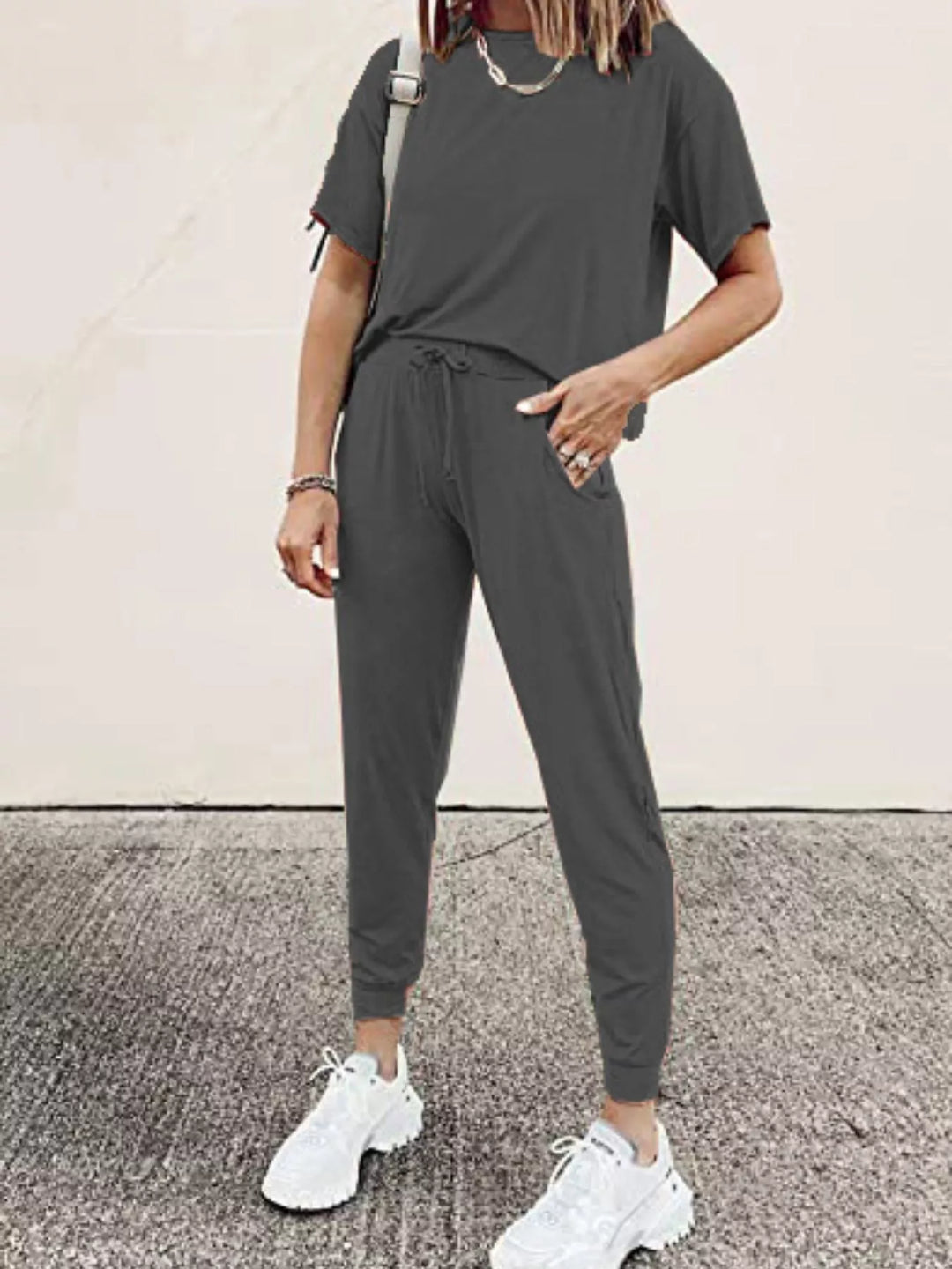 Charcoal lounge set with short sleeve tee and tapered jogger pants