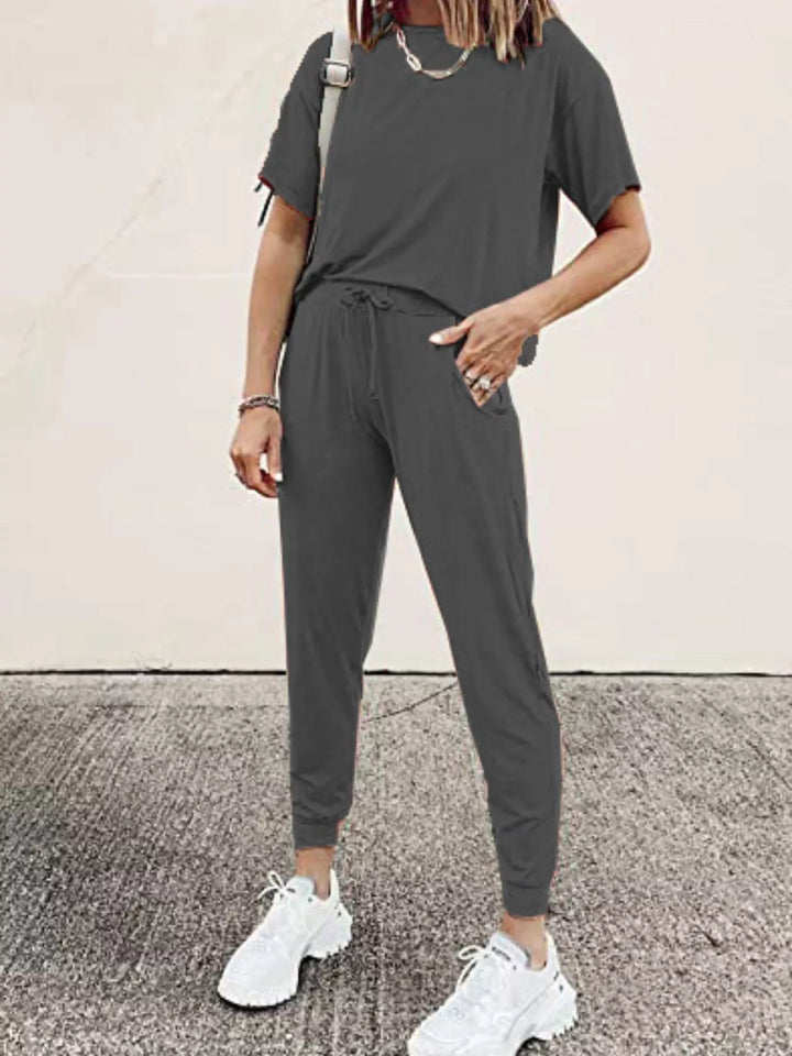 Charcoal lounge set with short sleeve tee and tapered jogger pants