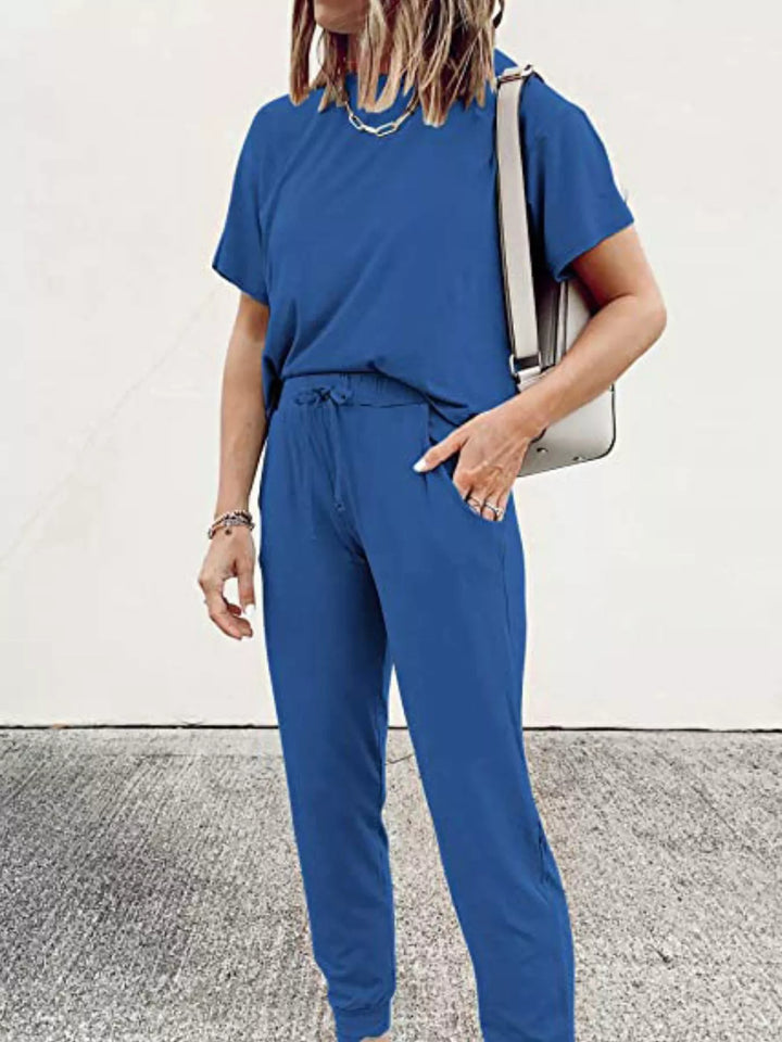 Royal blue short sleeve tee and jogger pants set, relaxed front pose