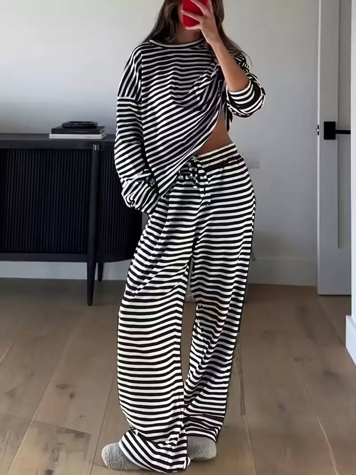 Black and white striped lounge set, full length, taken in a mirror