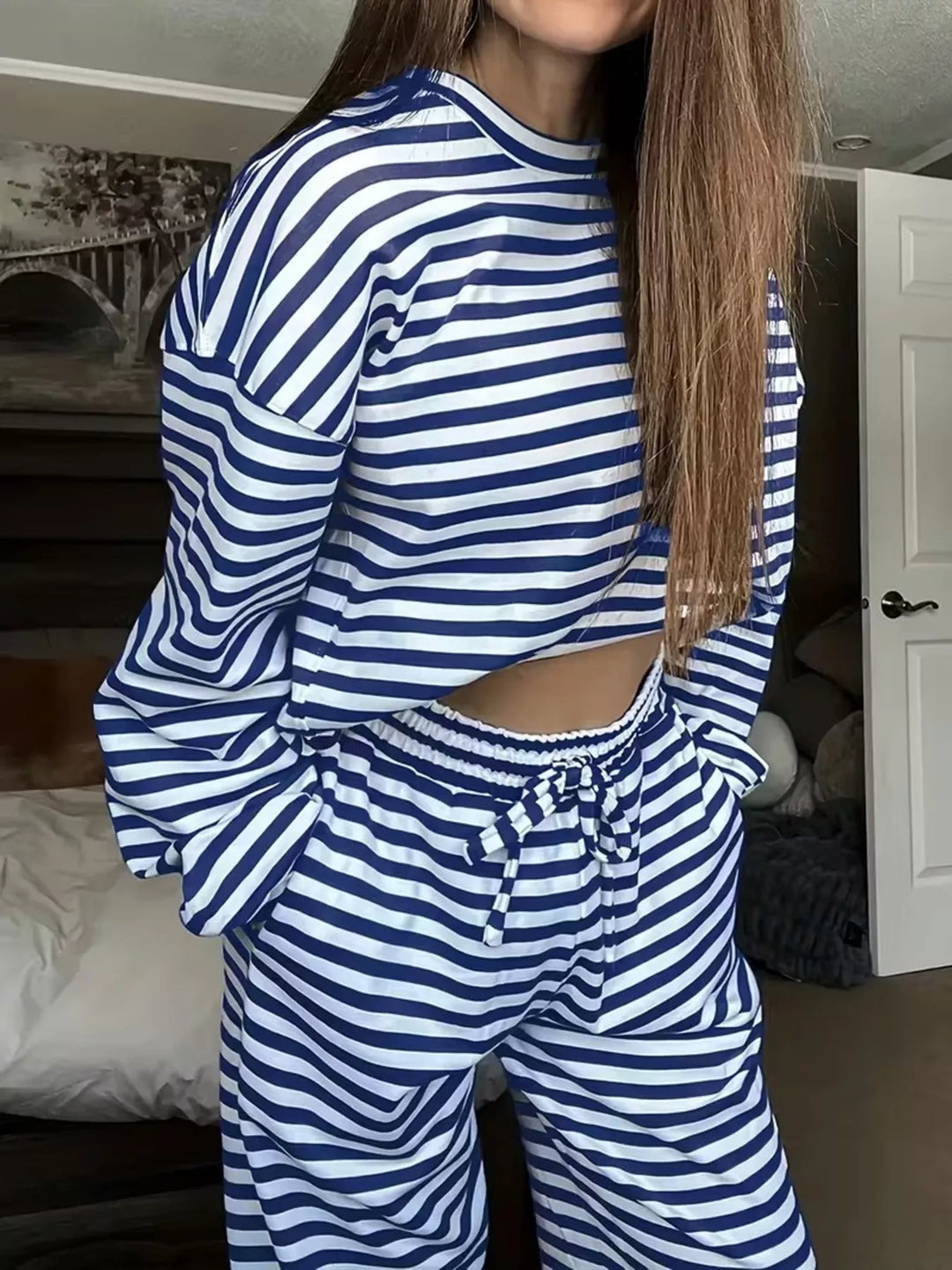 Navy striped long sleeve top and drawstring pants lounge set, front view
