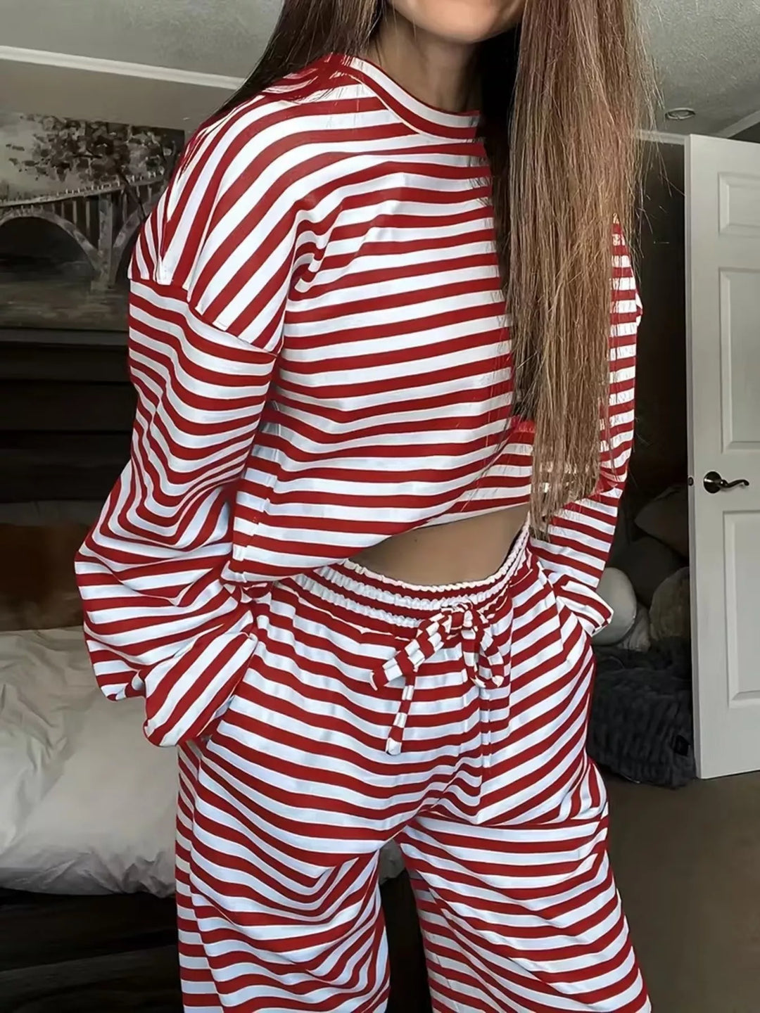 Red striped lounge set with a long sleeve top and drawstring pants, front view