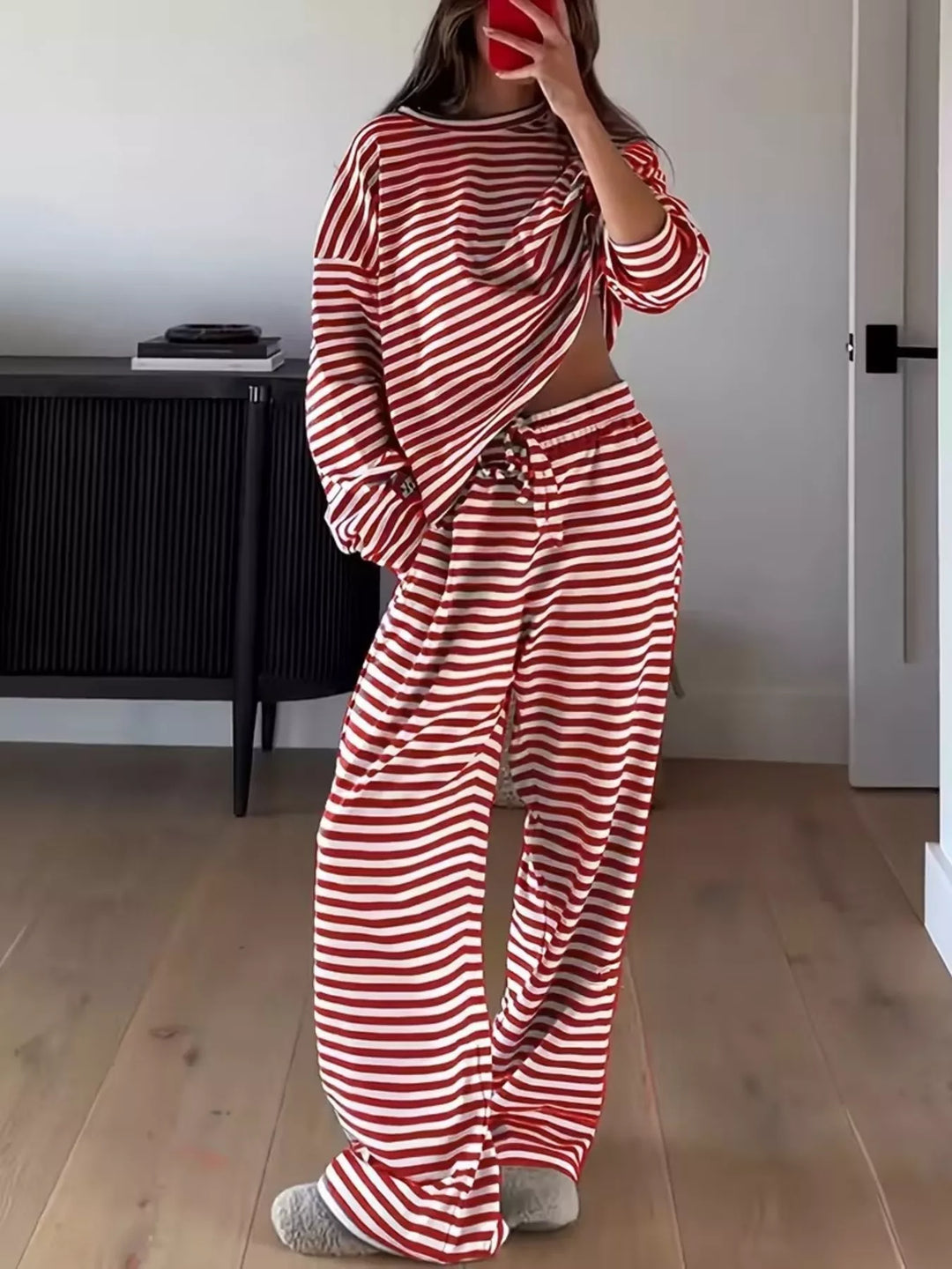 Full length view of the red striped lounge set, mirror selfie