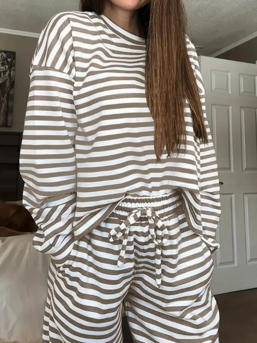 Taupe striped long sleeve top and drawstring pants lounge set, front view