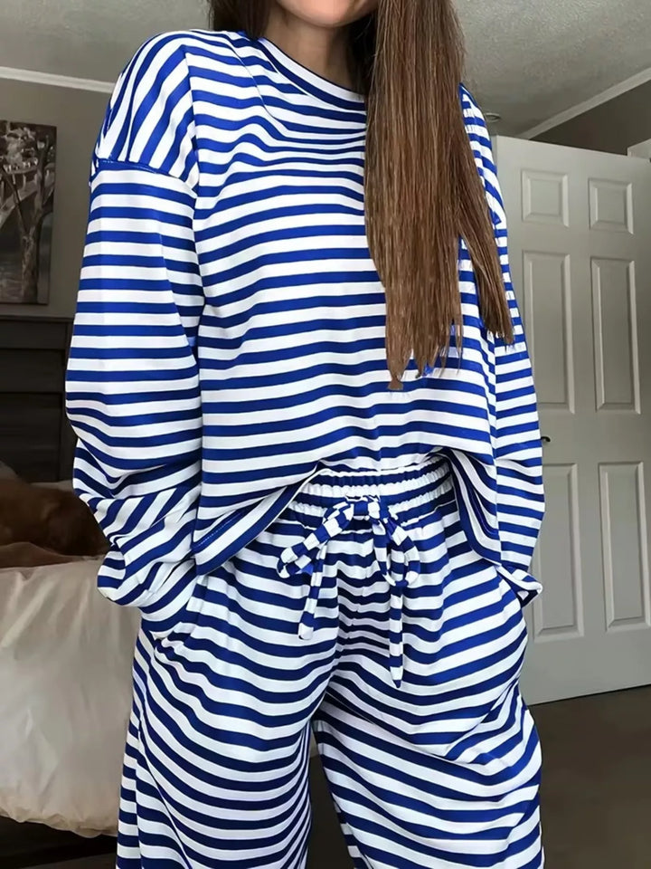 Cobalt blue striped oversized top and drawstring pants, front view