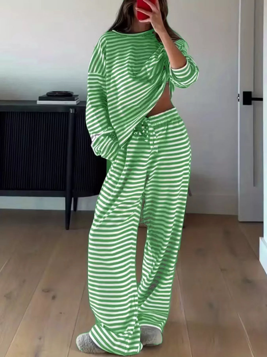 Green striped lounge set with oversized long sleeve top and wide leg pants