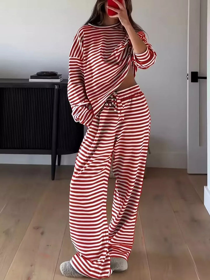 Red striped lounge set with oversized top and wide leg pants, mirror selfie