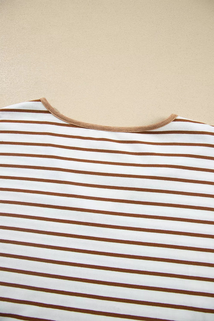 Close-up of the back neckline of the striped lounge top with camel binding
