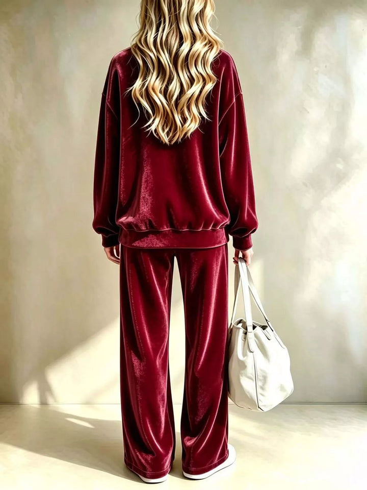 Burgundy lounge set back view, relaxed pullover over wide leg pants
