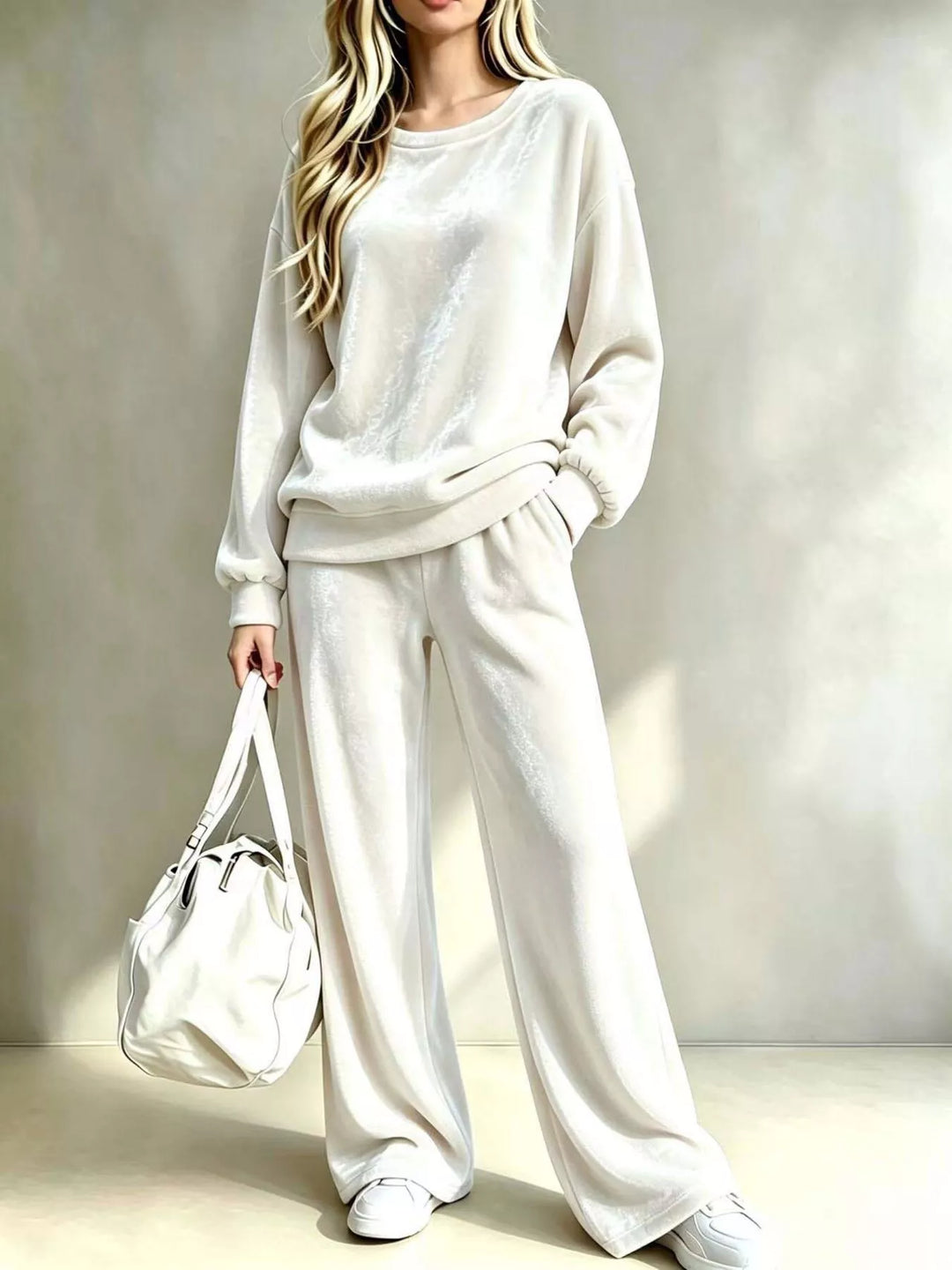 Ivory velvet look lounge set with crew neck pullover and wide leg pants