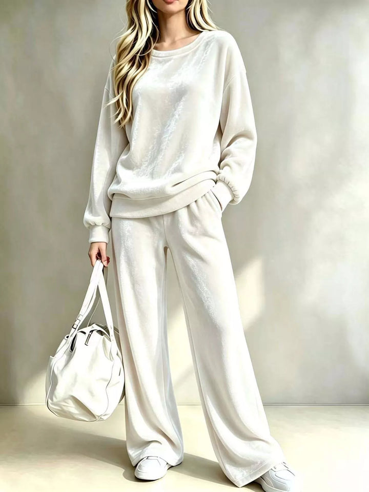 Ivory velvet look lounge set with crew neck pullover and wide leg pants