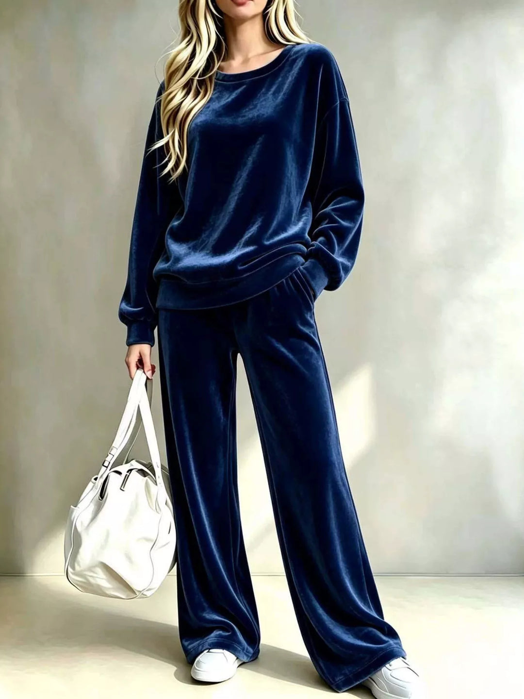 Navy velvet look lounge set with crew neck pullover and wide leg pants