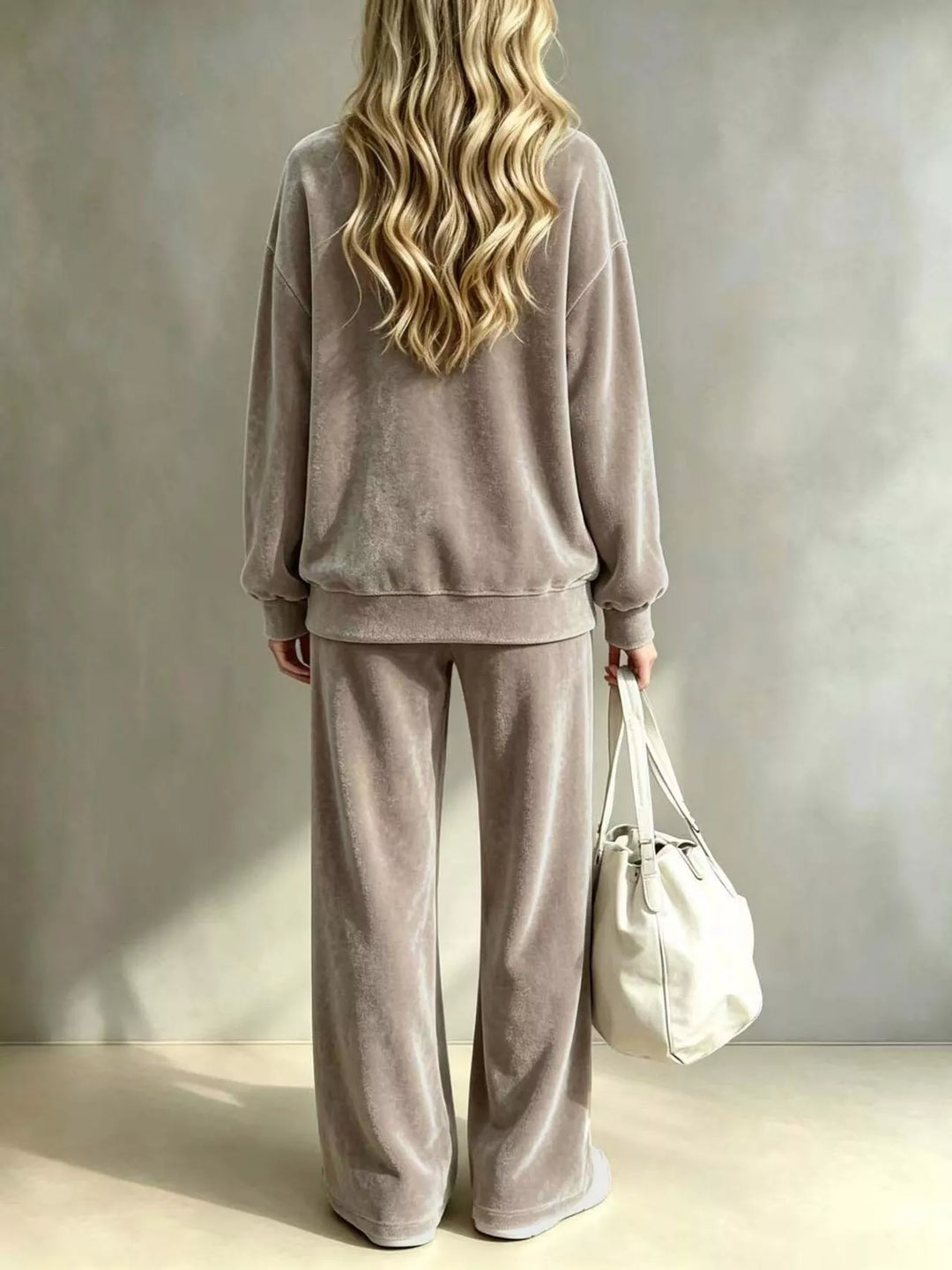 Back view of the taupe velvet look pullover and wide leg pants set